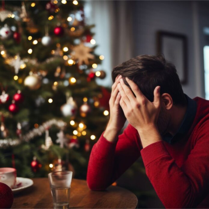 A man sitting at a table in front of a christmas tree.