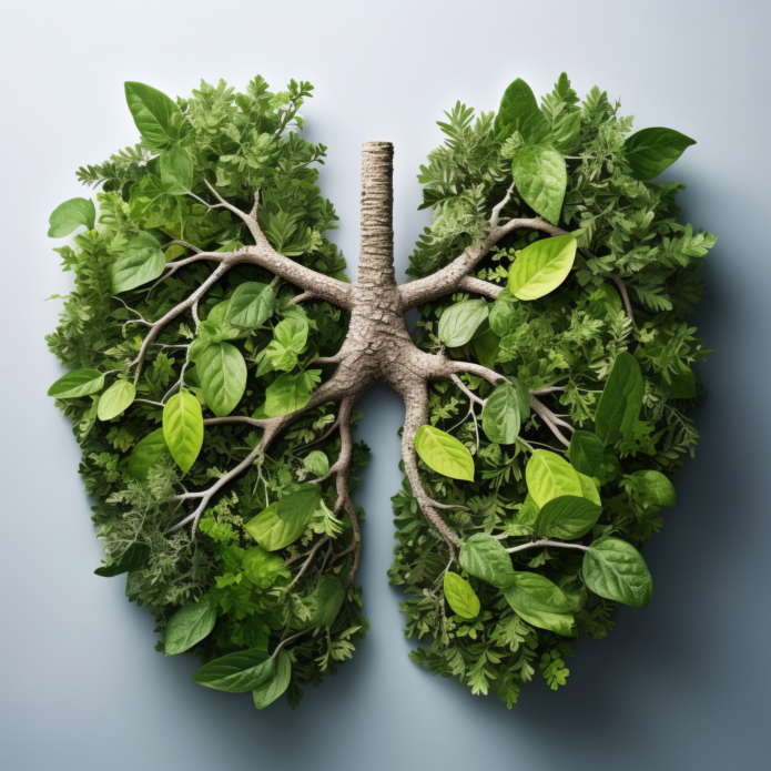 A conceptual depiction of human lungs as tree branches surrounded by green leaves, symbolizing the connection between lungs and nature.