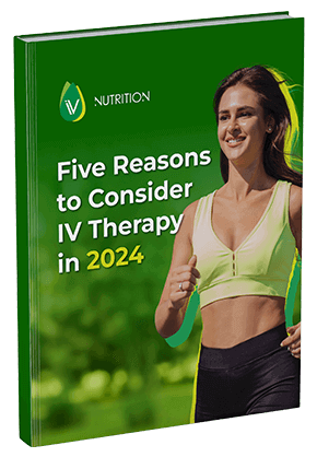 Cover of a nutrition booklet titled "five reasons to consider iv therapy in 2024," featuring a smiling woman in athletic wear jogging.