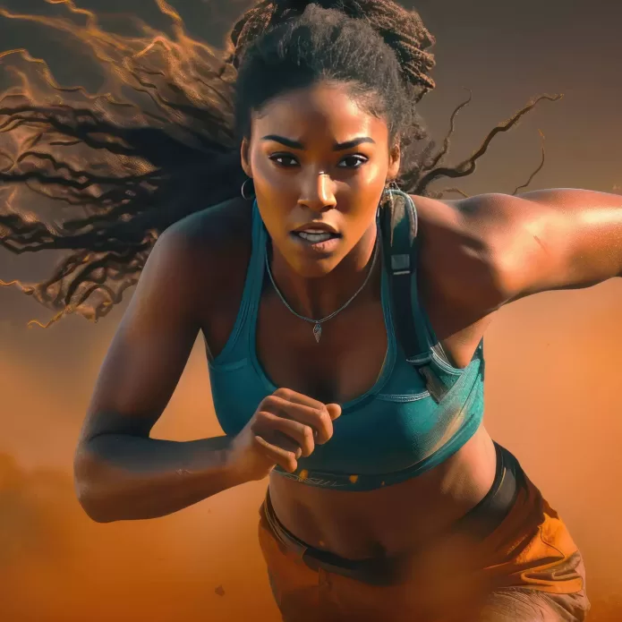 Determined female athlete running with intense focus and dynamic hair motion against an orange backdrop.