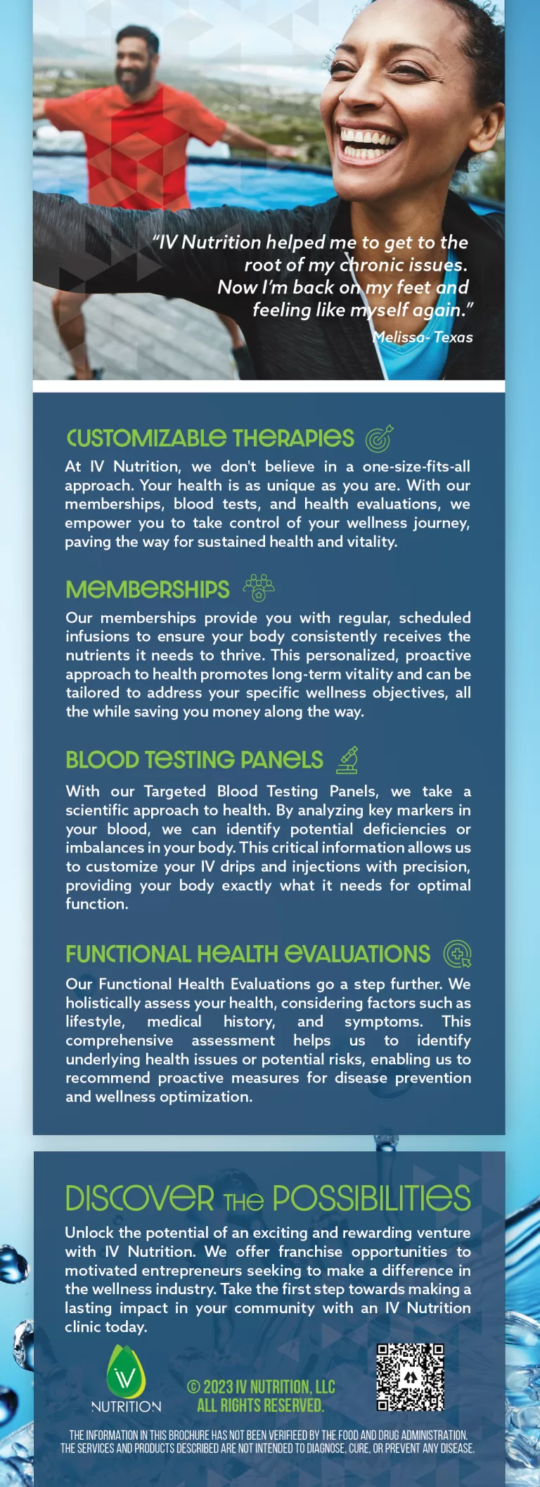 Flyer for iv nutrition, featuring a smiling woman wiping sweat with a towel, promoting health services like iv therapy, blood testing, and nutrition evaluation with contact info at the bottom.