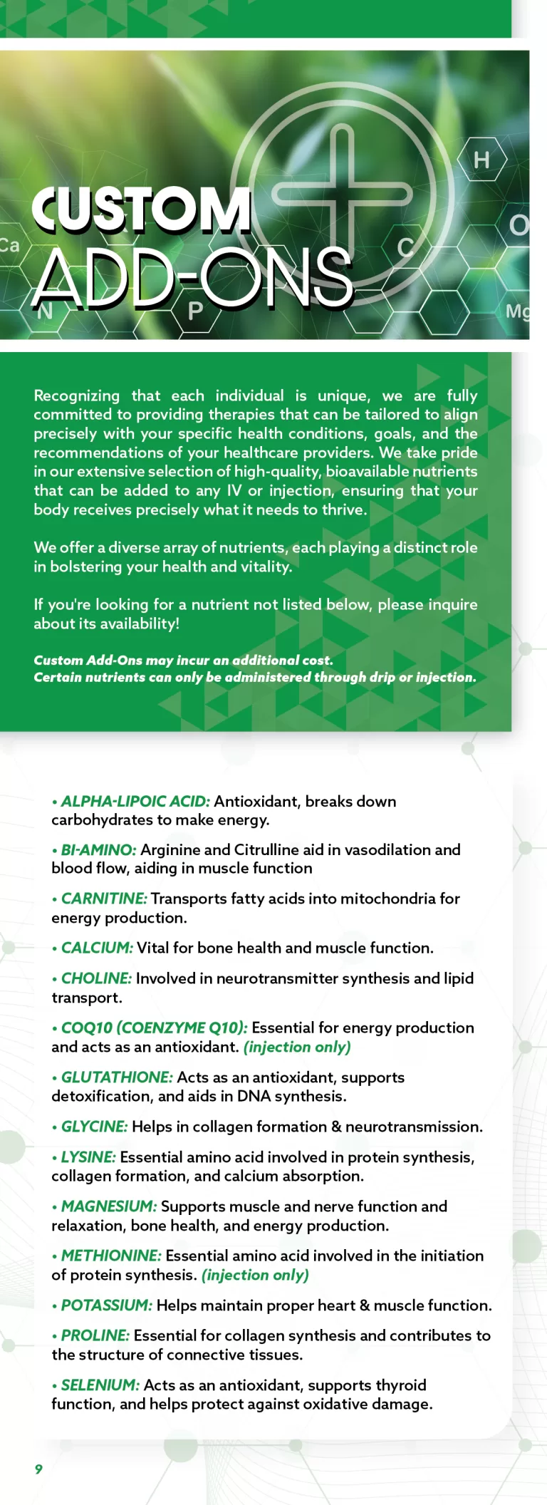 Infographic listing various nutrients and their health benefits titled 'custom addons' on a green, abstract chemical structure background.