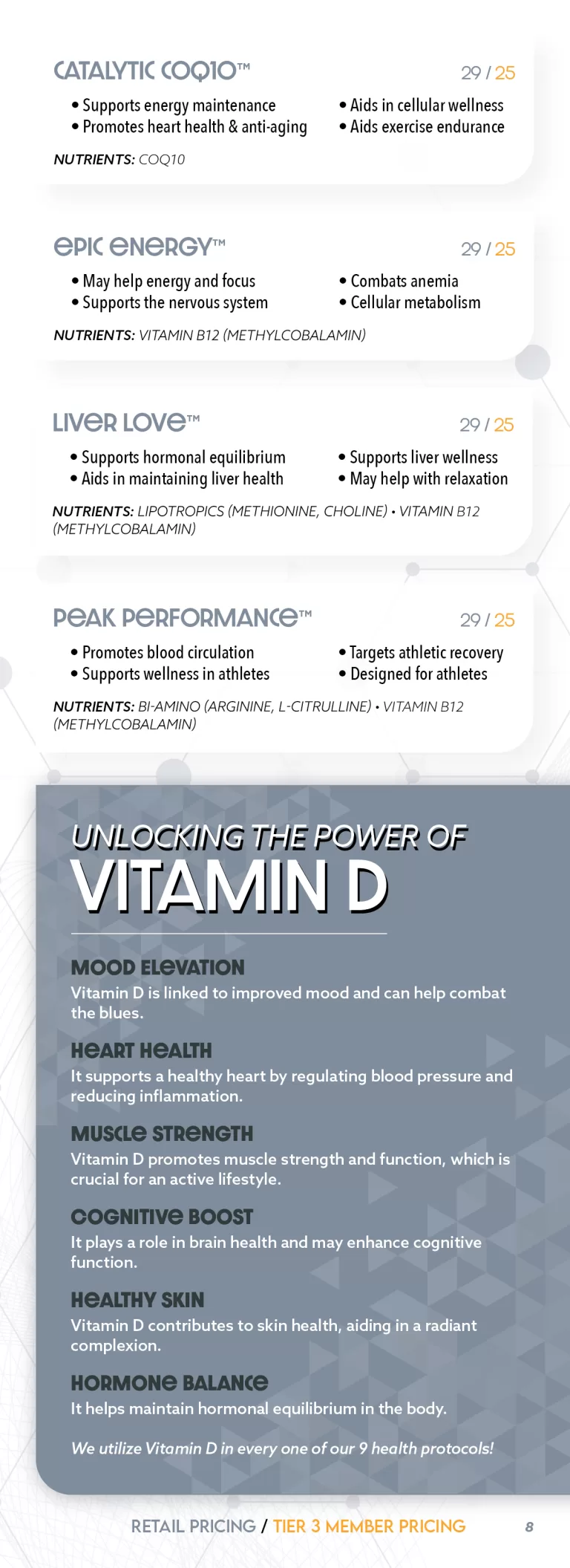 Image displaying an infographic on the benefits of vitamin d, categorizing its roles in energy, liver health, peak performance, and hormonal balance, with text and visual elements.