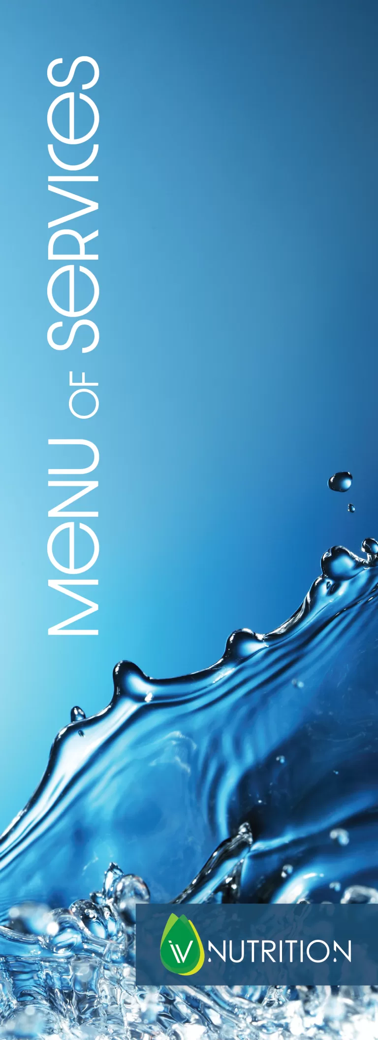 Promotional banner featuring the text "menu of services" over an image of splashing water, with a "nutrition" logo at the bottom.