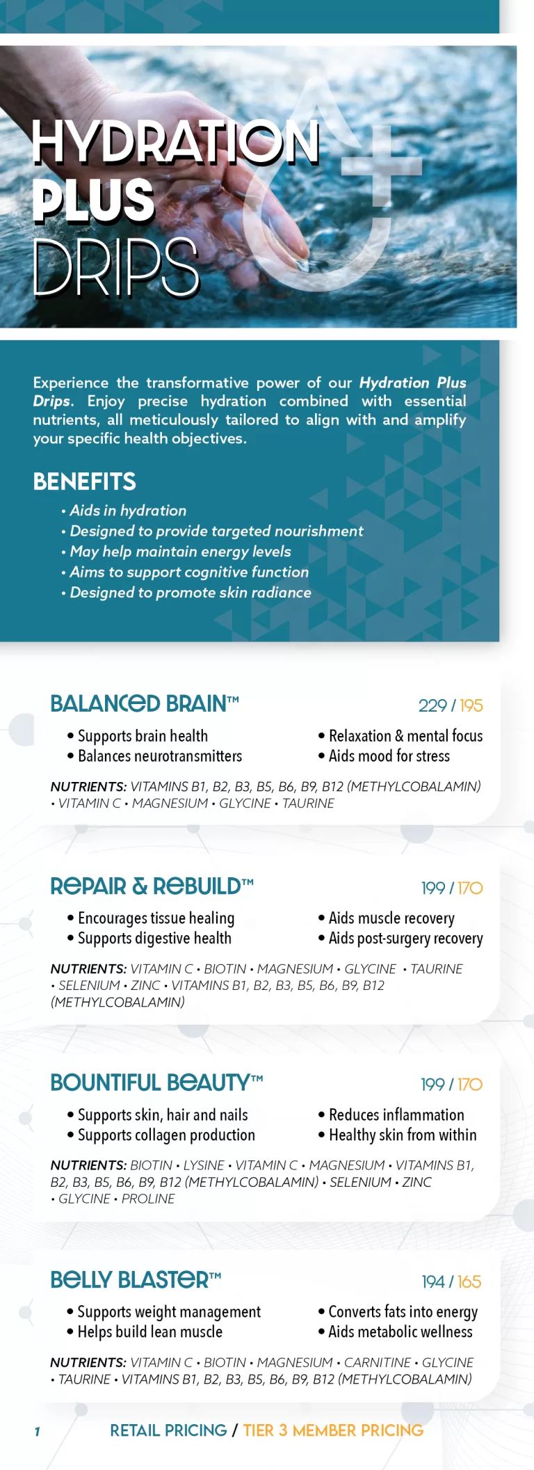 Promotional flyer for hydration plus drops, highlighting transformative hydration benefits and wellness with list of benefits like brain and digestive health, alongside retail pricing at the bottom.