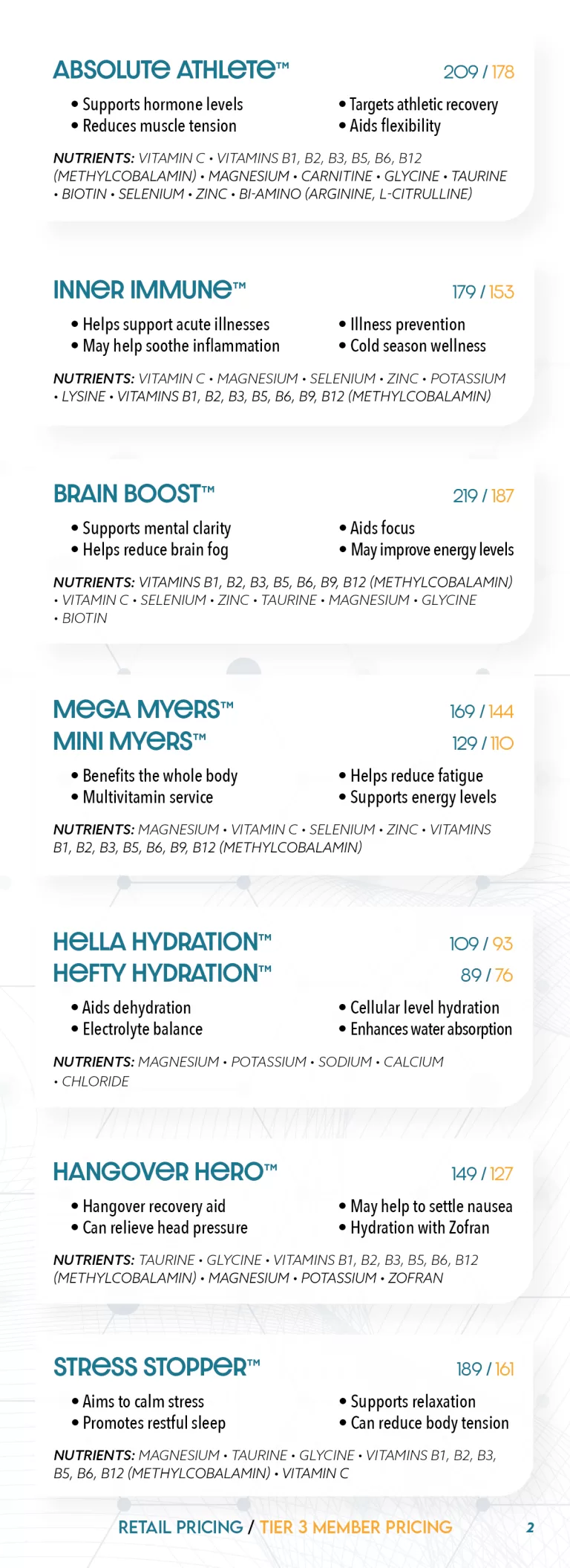 Image showing a table of dietary supplements categorized by benefits, including product names, ingredients, and retail pricing for tier 3 members.