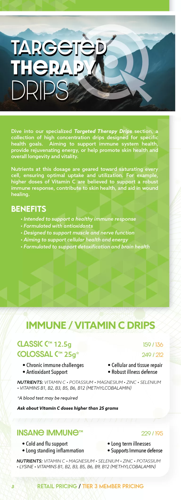 Infographic explaining the benefits of targeted therapy drips with detailed information on ingredients, health benefits, and retail pricing tiers.