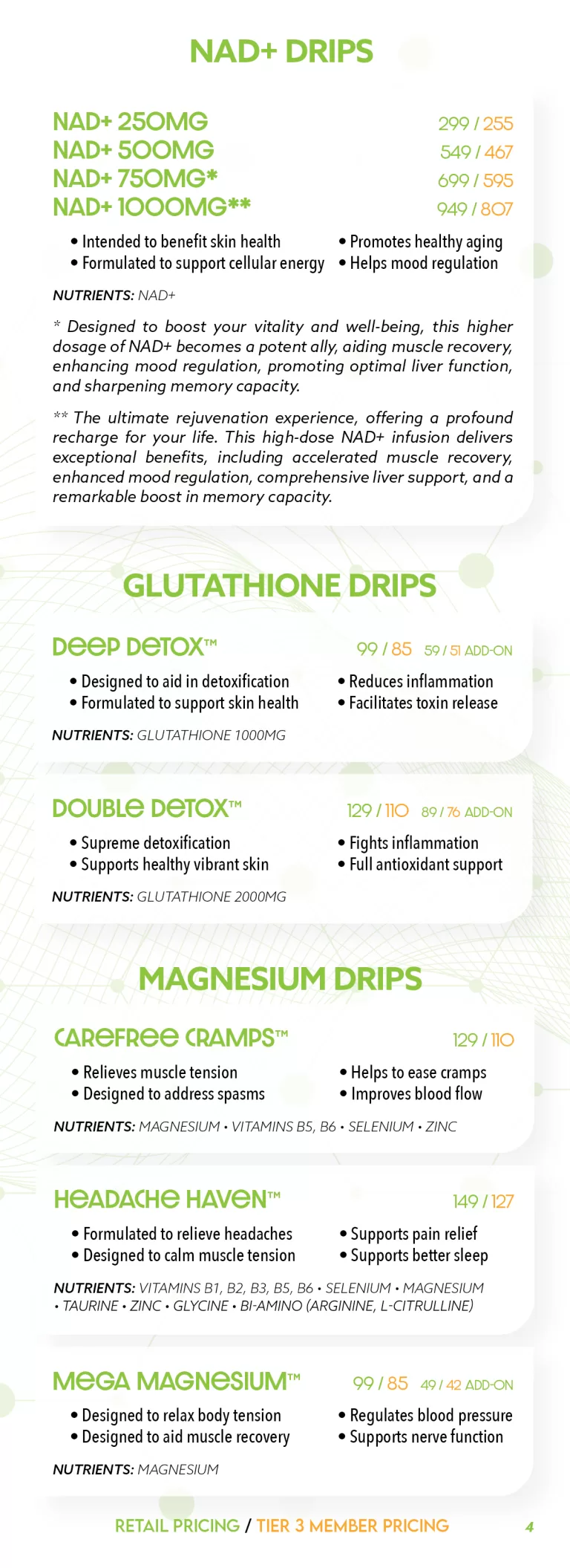 Promotional flyer displaying various health and wellness iv drip treatments, like nad+ drips, glutathione drips, immunity booster, and more, with benefits and pricing listed.