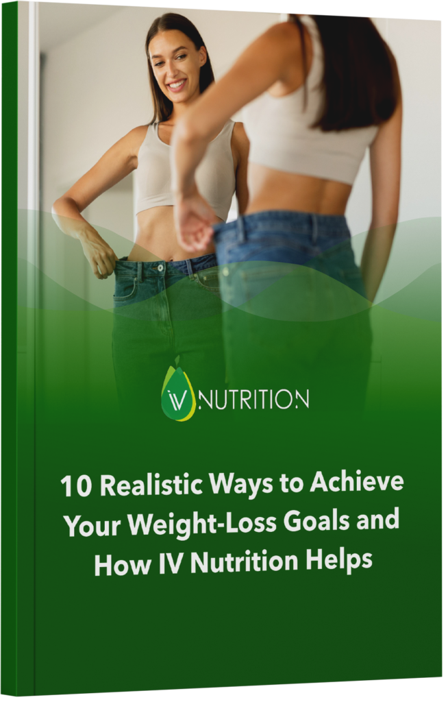 A woman standing in front of a mirror, trying on jeans, illustrating the cover of a book titled "10 Realistic Ways to Achieve Your Weight-Loss Goals and How IV Nutrition Helps.