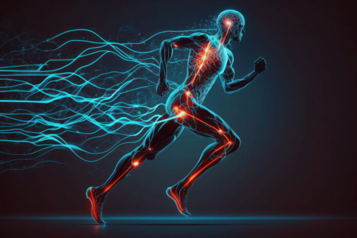 A human figure runs with glowing blue and red lines showcasing nerves and muscles, symbolizing the biological system and energy flow within the body.