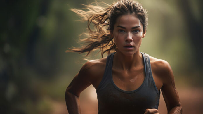 A woman in a gray tank top is running outdoors with a determined expression. The background is blurred, suggesting motion and a natural environment.