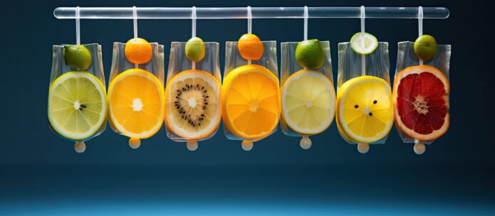 Various fruits sliced and suspended in transparent pouches hanging from a rod against a blue background.