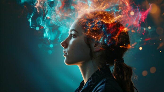 Profile of a person with vibrant, colorful light and smoke effects emanating from their head against a dark background.