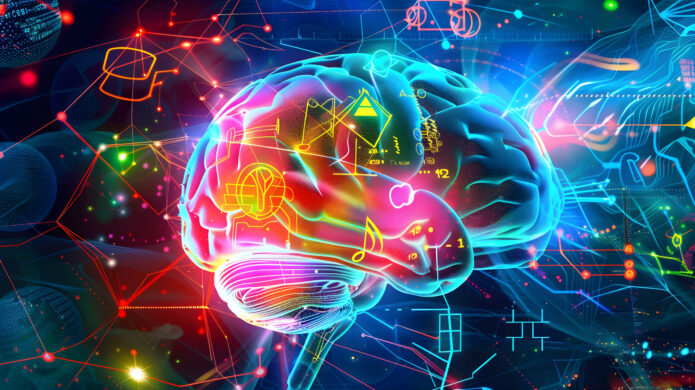 A vibrant, digitally-rendered human brain with neon colors and geometric patterns, symbolizing complex neural networks and data processing against an abstract, mixed media background.