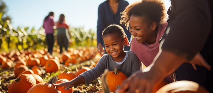 A child and an adult select pumpkins in a sunlit pumpkin patch, surrounded by others doing the same.