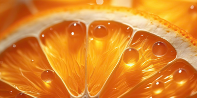 Close-up image of an orange slice showing its bright, translucent sections with visible juice droplets on the surface.