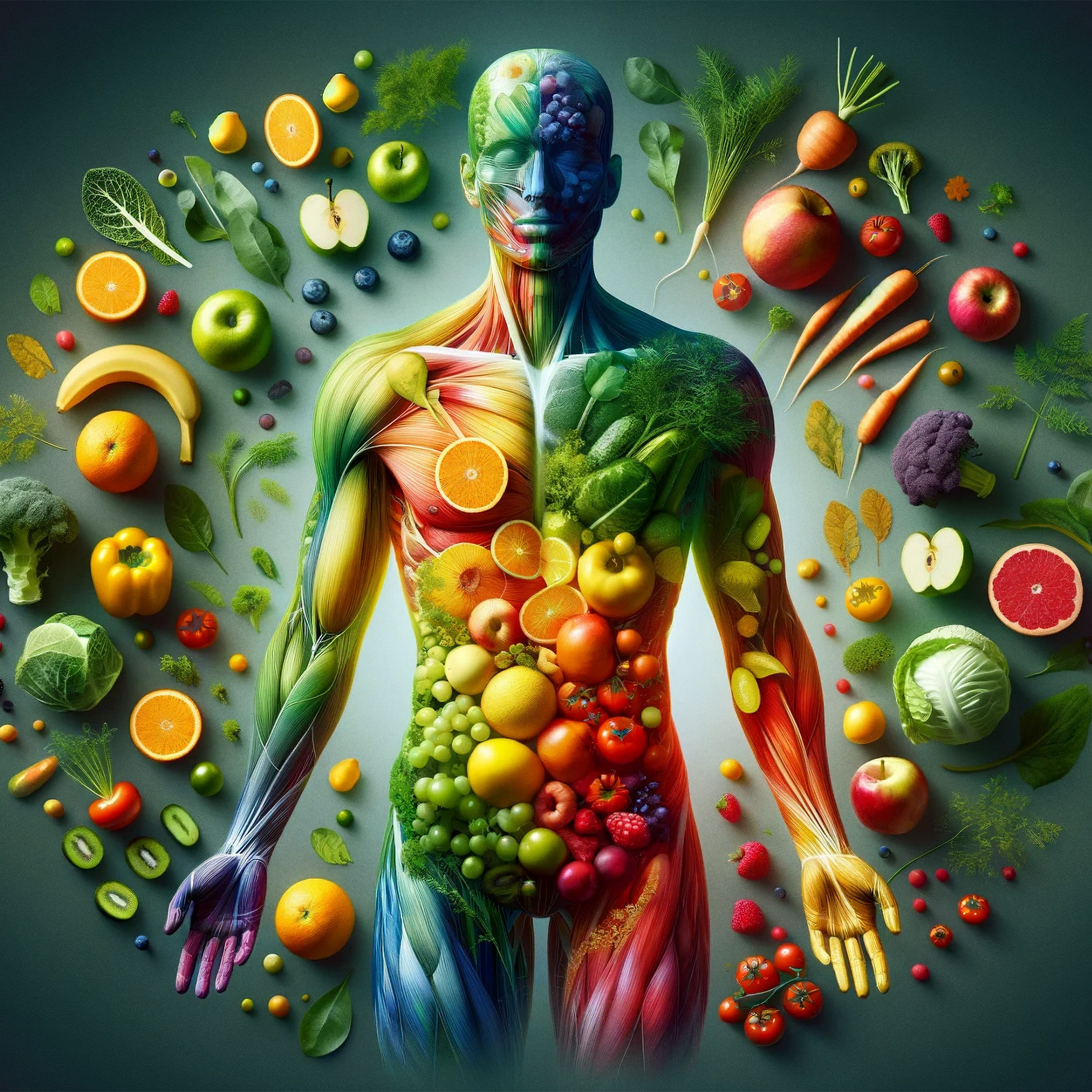 Illustration of a human figure with fruits and vegetables, symbolizing nutrient therapy and health, surrounded by various produce on a green background.