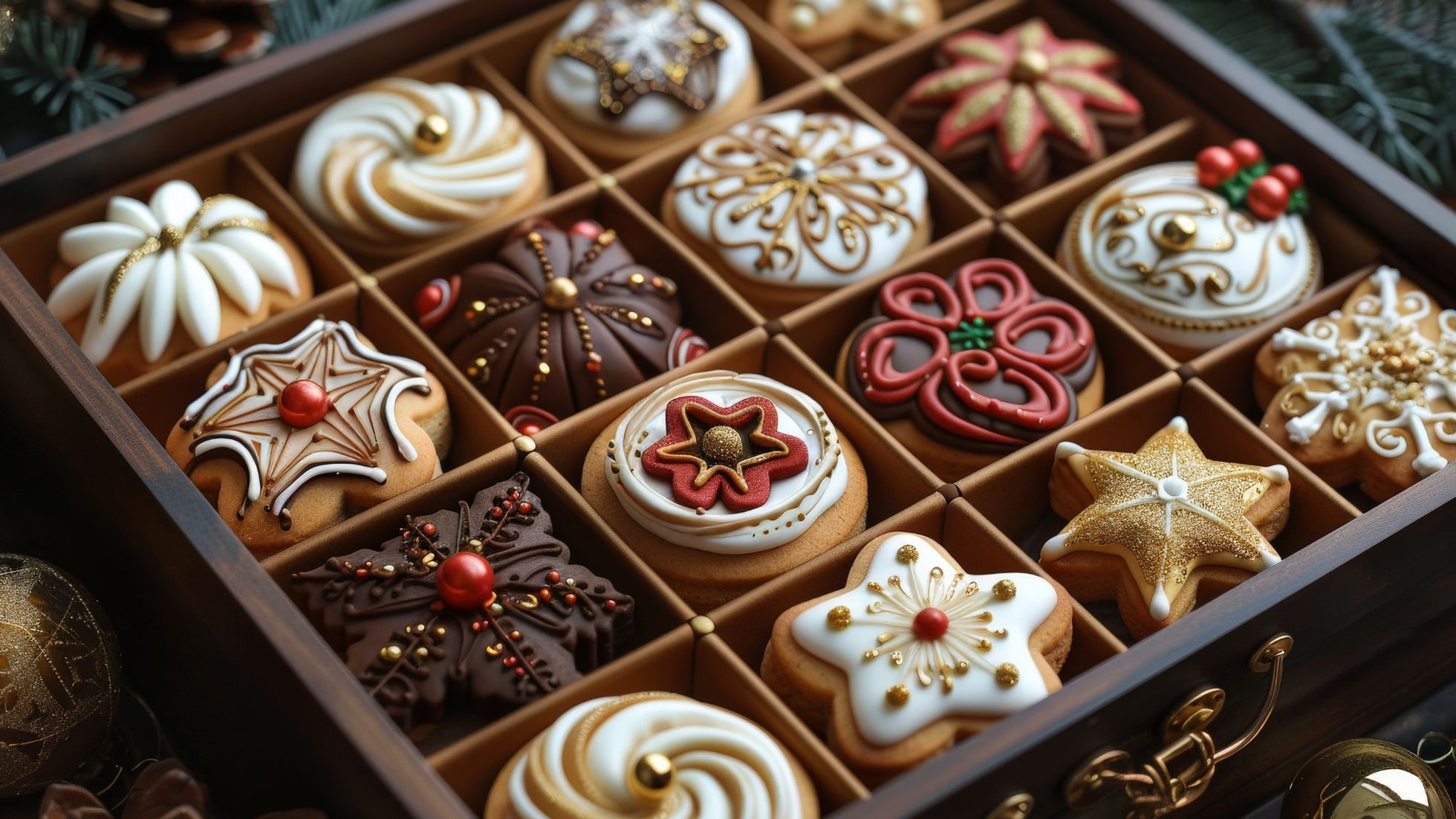 A wooden box contains an assortment of intricately decorated cookies in festive shapes and colors.