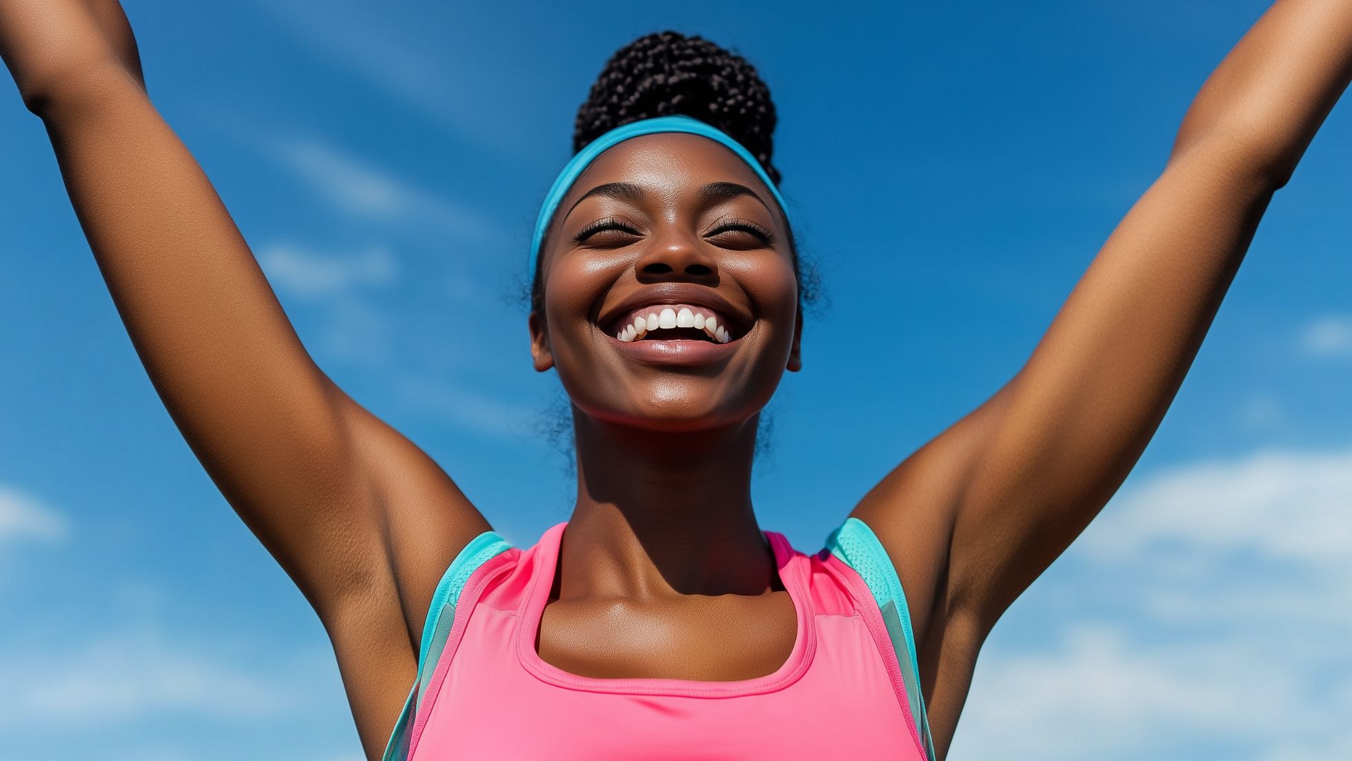 A person in a pink top with arms raised and smiling against a blue sky.