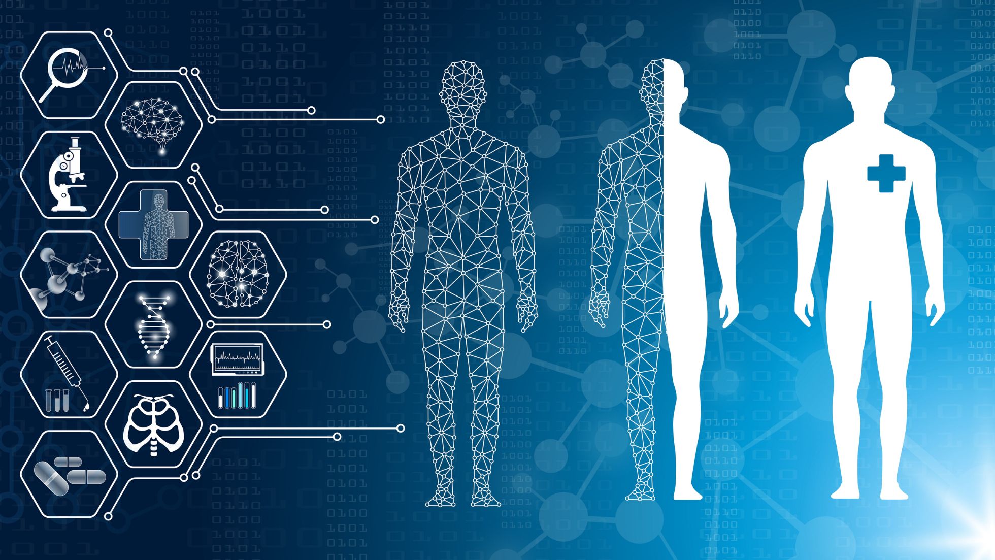 Digital illustration of human figures with medical icons, showcasing healthcare technology and biological systems on a blue background.